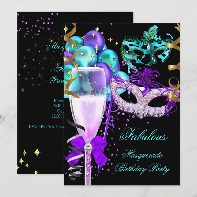Fantastisches Lila Aquamarines Black Masquerade Pa Einladung (Vorne/Hinten)