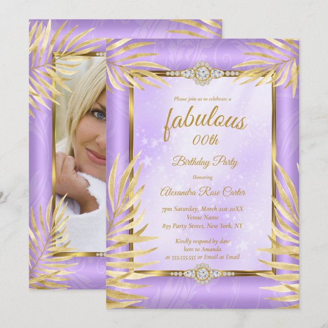 Fantastisches lila Diamant Gold Palms Party Einladung (Vorne/Hinten)
