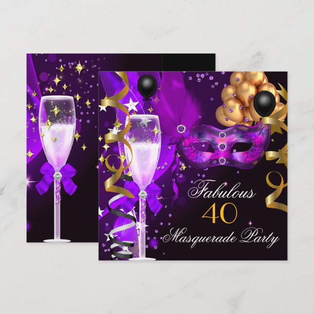 Fantastisches Lila Gold Black Masquerade Party Einladung (Vorne/Hinten)
