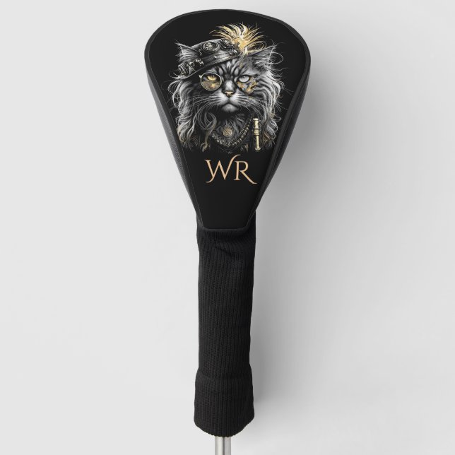 Fantastisches Steampunk-Katzen-Monogramm Golf Headcover (Vorderseite)