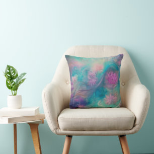 Fantasy-Abstrakte Blumen in Pink und Aqua-Welle Kissen
