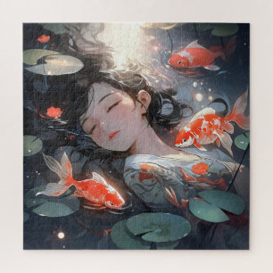 Fantasy Anime Girl and Carps