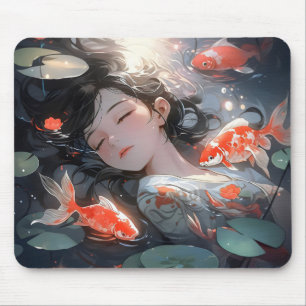 Fantasy Anime Girl and Carps Mousepad
