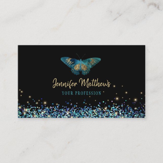 Fantasy Aquamarin & Gold Glitzer Aquarellblume Visitenkarte (Vorderseite)