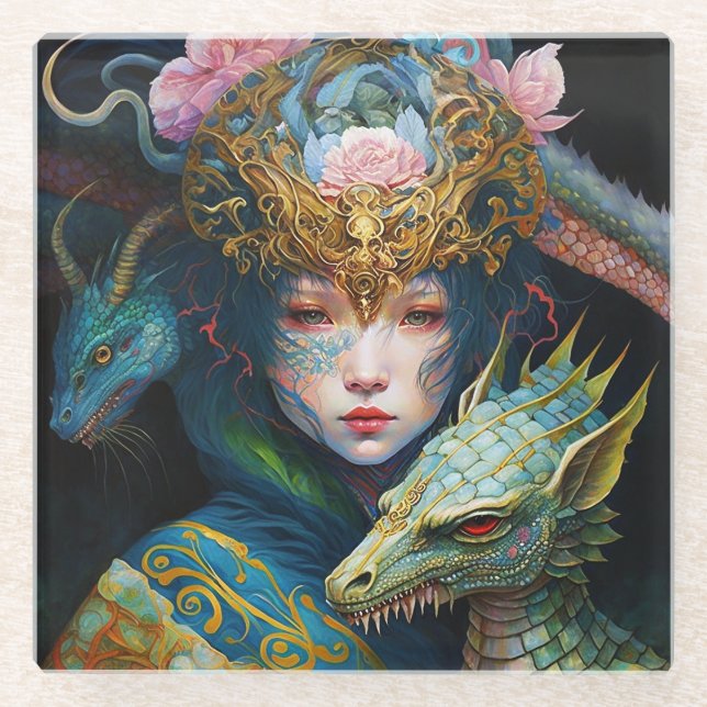 Fantasy Art Dragon Goddess Queen Glass Untersetzer (Vorderseite)