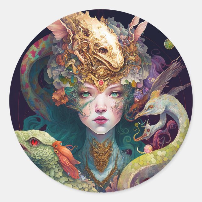 Fantasy Art Dragon Goddess Queen Runder Aufkleber (Vorderseite)