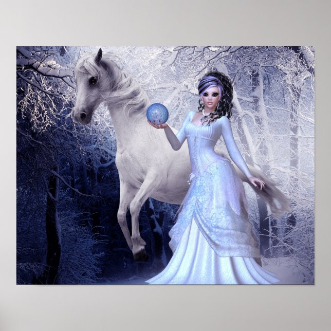 Fantasy Art Princess Poster Weißer Stallion Wald (Vorne)