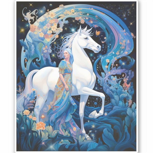 Fantasy Art von Lady and White Horse Aufkleber (Vorderseite)