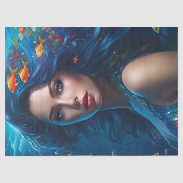 Fantasy Beautiful Blue Meerjungfrau Dekoupage Seidenpapier (Vorderseite)