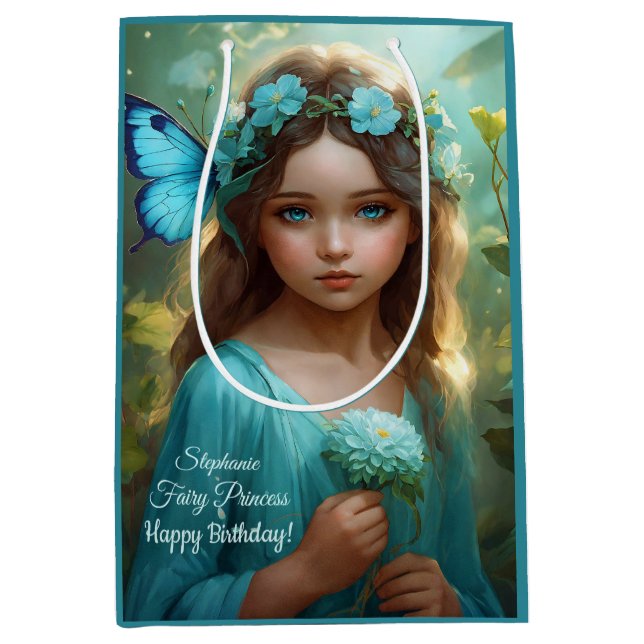 Fantasy Beautiful Cyan Green Fairy Girl Mittlere Geschenktüte (Vorderseite)
