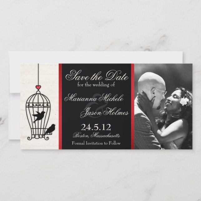 Fantasy Birdcage Foto Save the Date Red Ribbon (Vorderseite)