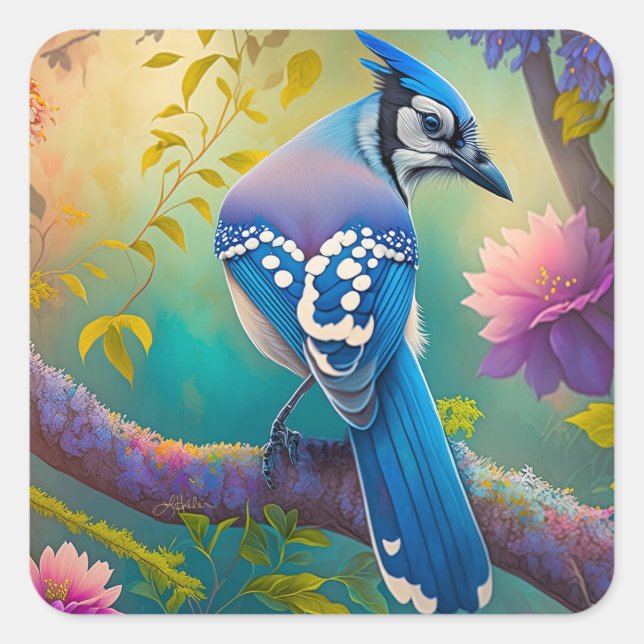 Fantasy Birds Blue Jay Quadratischer Aufkleber (Vorderseite)