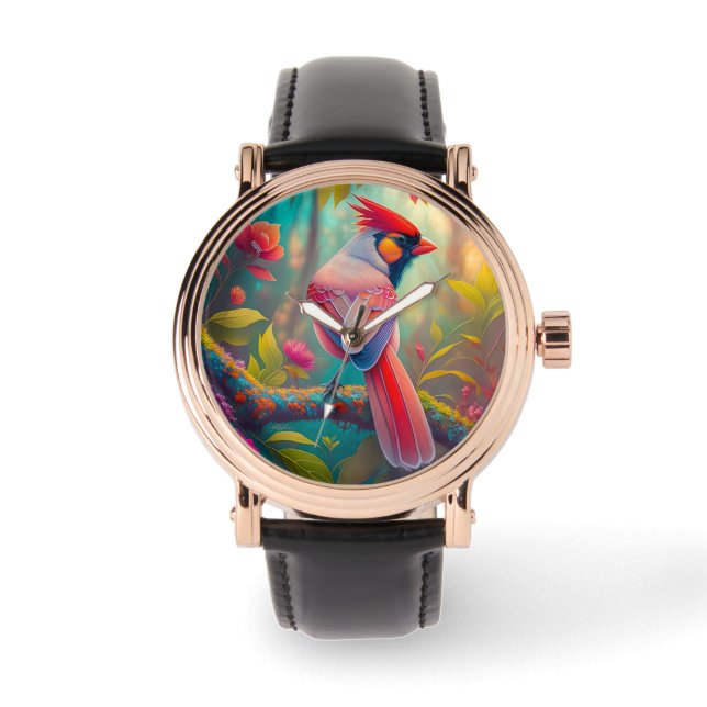 Fantasy Birds Männlicher Kardinal Armbanduhr (Vorderseite)