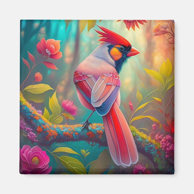 Fantasy Birds Männlicher Kardinal Magnet (Vorne)