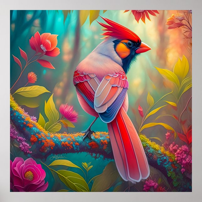 Fantasy Birds Männlicher Kardinal Poster (Vorne)