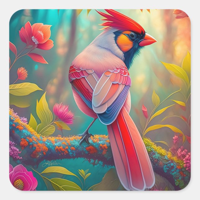 Fantasy Birds Männlicher Kardinal Quadratischer Aufkleber (Vorderseite)