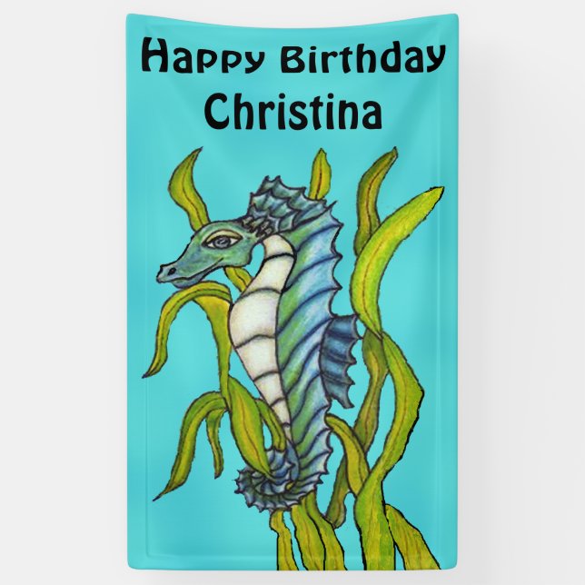 Fantasy Birthday Aqua Blue Seepferd Algen Banner (Vertikal)