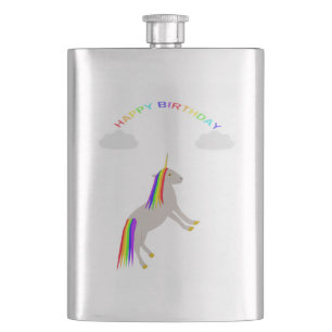 Fantasy Birthday Unicorn Regenbogen und Wolken Flachmann