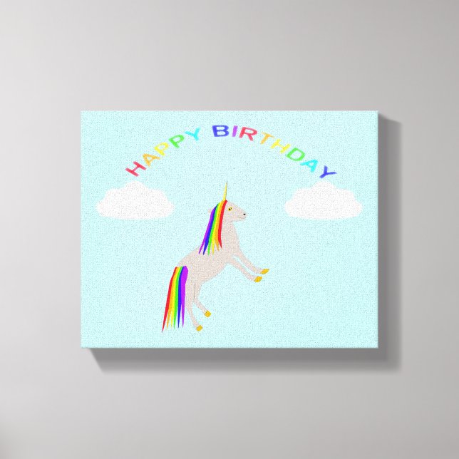Fantasy Birthday Unicorn Regenbogen und Wolken Leinwanddruck (Vorderseite)