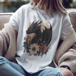 Fantasy Black Dragon & Floral Art T - Shirt