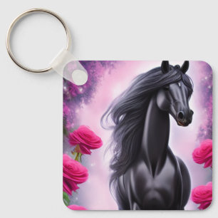 Fantasy Black Stallion und Pink Floral Graphic Schlüsselanhänger