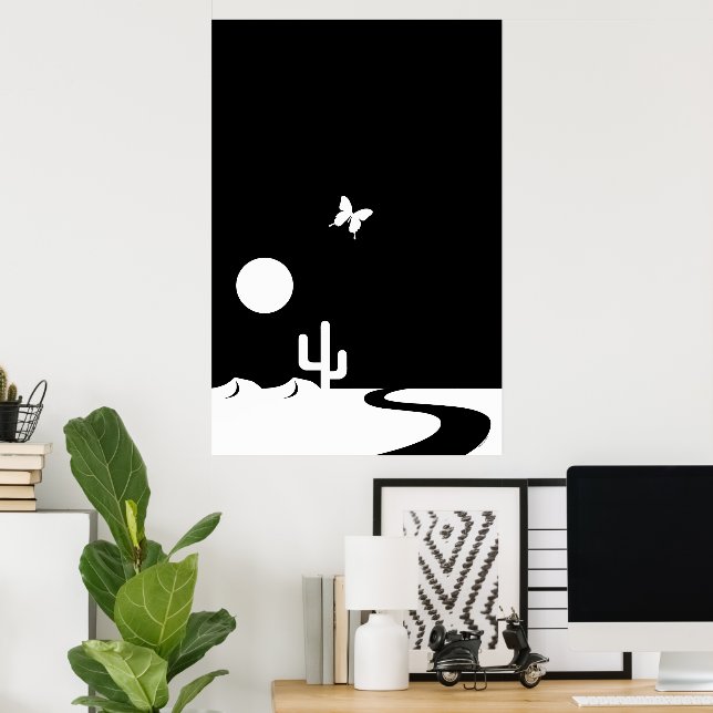 Fantasy Black/White Moonlight Butterfly Desert Poster (Heimbüro)