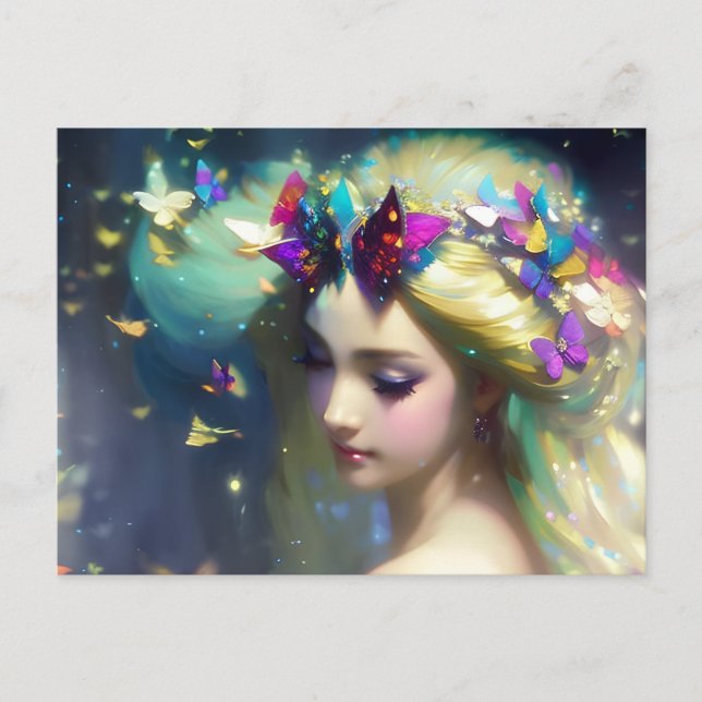 Fantasy Blond Woman und Schmetterlinge Postkarte (Vorderseite)