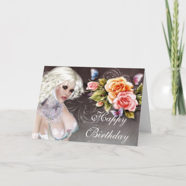 Fantasy Blonde mit Rose Geburtstagkarte Karte (Vorderseite)