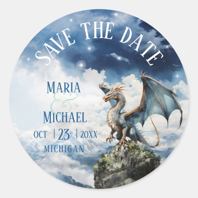 Fantasy Blue Dragon Wedding Save the Date Sticker (Vorderseite)