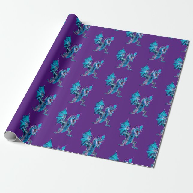 Fantasy Blue Fire Dragon Lila Geschenkpapier (Ungerollt)