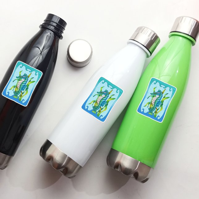 Fantasy Blue Green Seepferd Dragon Seaweed Frame Aufkleber (Sea dragon seahorse with tail wrapped around seaweed in blue water frame, bubbles on vinly sticker.)