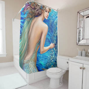 Fantasy Blue Mermaid Ocean Waves Art Duschvorhang