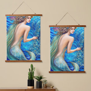 Fantasy Blue Mermaid Ocean Waves Art Wandteppich Mit Holzrahmen