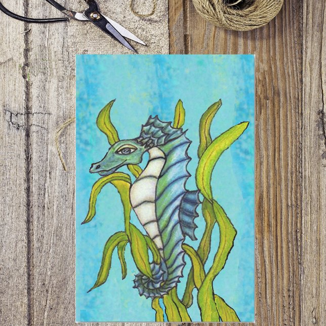 Fantasy Blue Sea Dragon Seepferd Seetang Seidenpapier (Fantasy seahorse in aqua blue, green and white in seaweed on water blue tissue paper.)