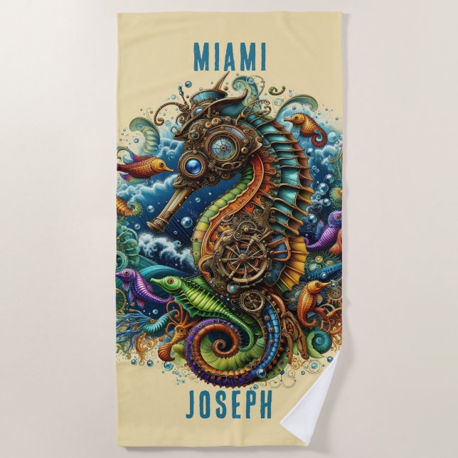FANTASY BLUE & TAN STEAMPUNK SEEPFERD STRANDTUCH (Vorderseite)