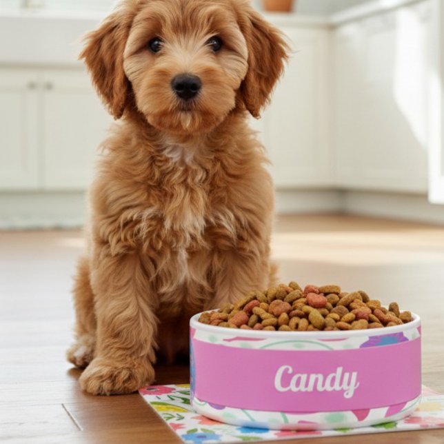 Fantasy-Blume Rosa Blau Lila Keramik Pet Bowl Napf (She deserves it custom made. Cute fantasy flowers in pink and purple make this food bowl super cute.)