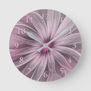 Fantasy-Blumen-Abstrakt-Pfirsich-Blumen-Fraktal-Ku Runde Wanduhr
