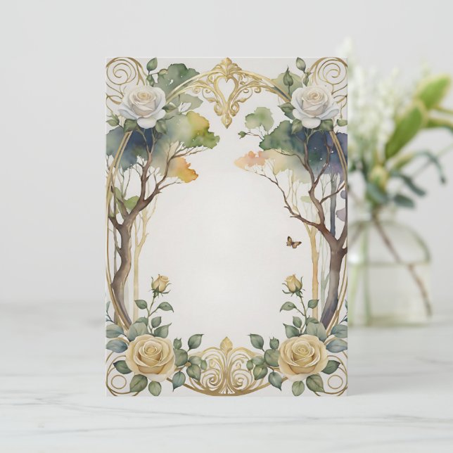Fantasy Blumen Rahmen botanische Hochzeit Einladung (Stehend Vorderseite)