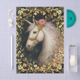 Fantasy-Blumen Weiße Einhorn & Goldrahmen Seidenpapier