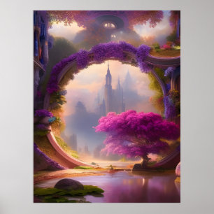 Fantasy-Blumenhof rosa Baum Poster