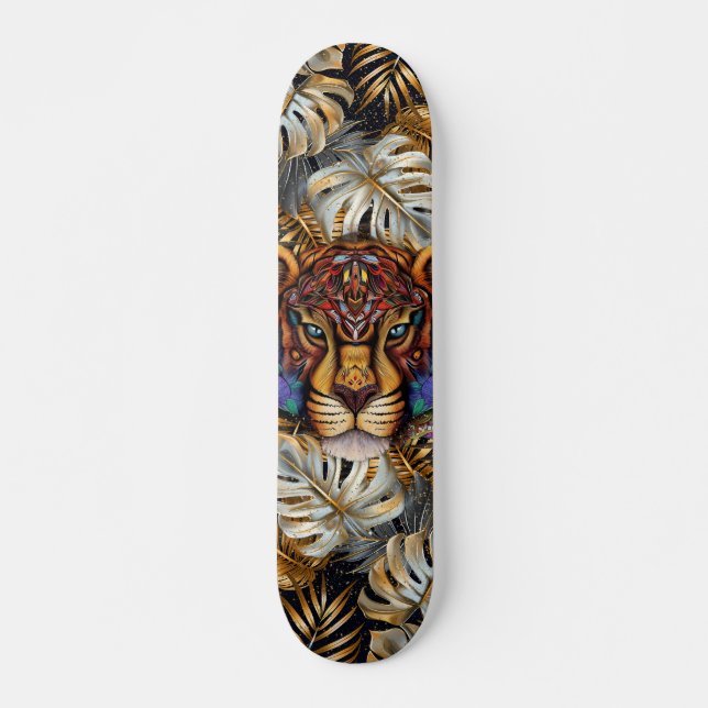 Fantasy Boho Jungle Tiger Head Mixed Media  Skateboard (Vorne)