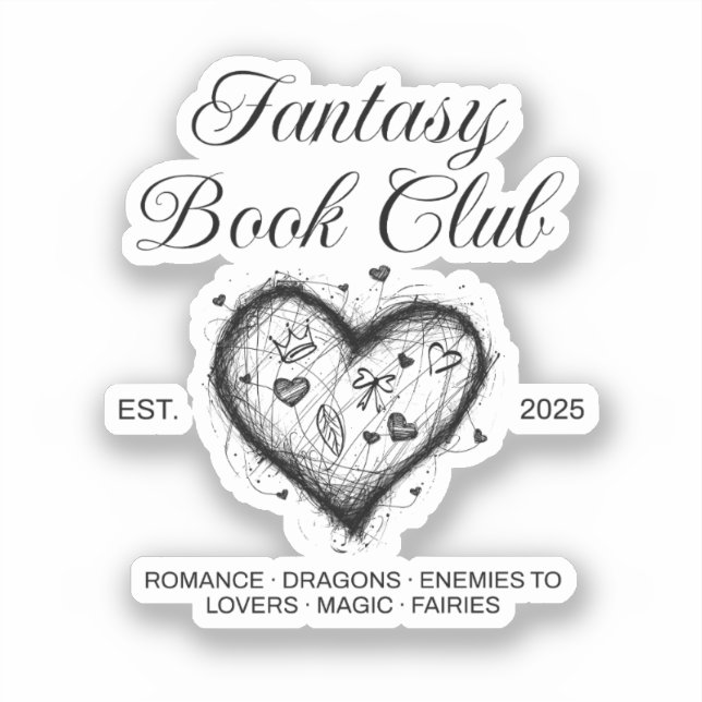 Fantasy Book Club Typografie & Heart Doodle Sketch Aufkleber (Vorderseite)