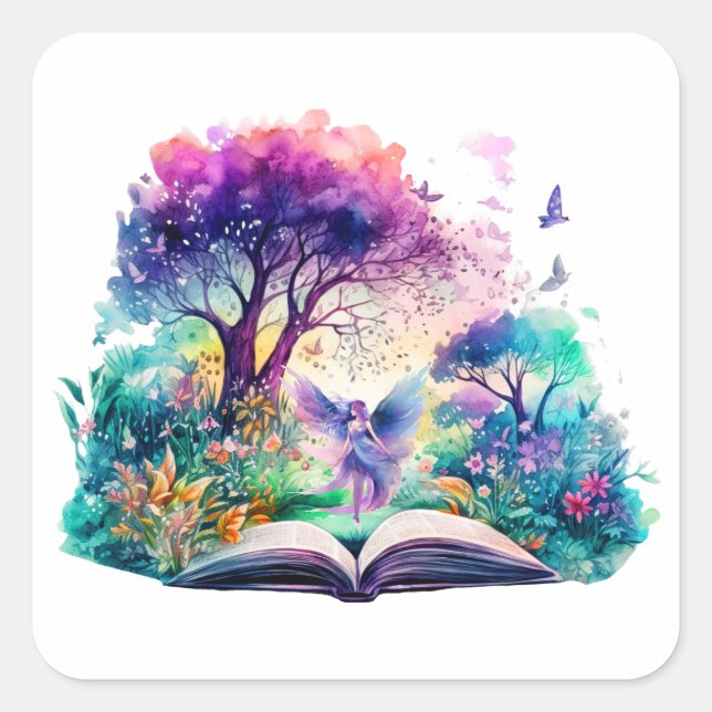 Fantasy Book Lover Fairy Quadratischer Aufkleber (Vorderseite)
