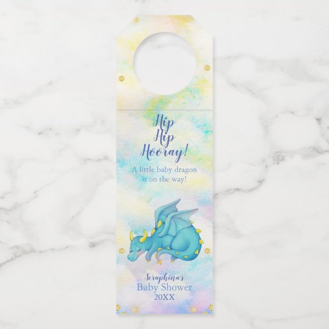 Fantasy Boys Blue Dragon Baby Dusche Flaschenanhänger (Vorderseite)