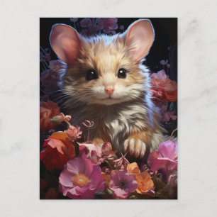 Fantasy Brown Fluffy Maus in den Blume Postkarte