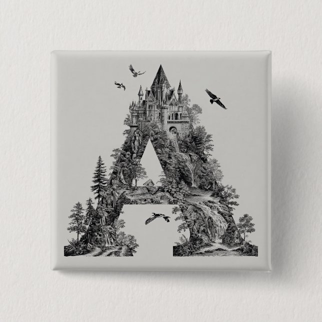 Fantasy-Buchstabe A mit Schlössern im Himmel-Märch Button (Vorderseite)