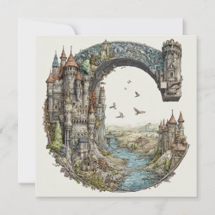 Fantasy-Buchstabe C mit Burgen im Himmel-Märchenbu Feiertagskarte