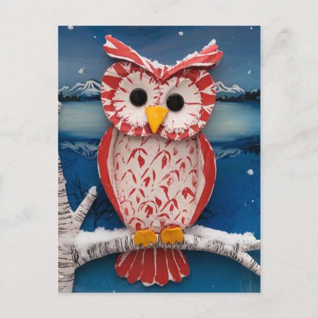 Fantasy Candy cane Owl enazzianische Birke Baum Postkarte (Vorderseite)
