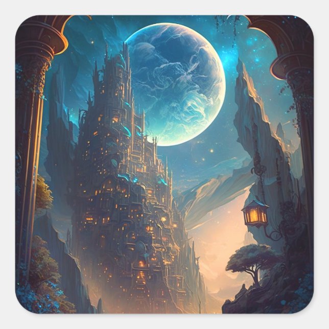 Fantasy Castle Landschaft Quadratischer Aufkleber (Vorderseite)