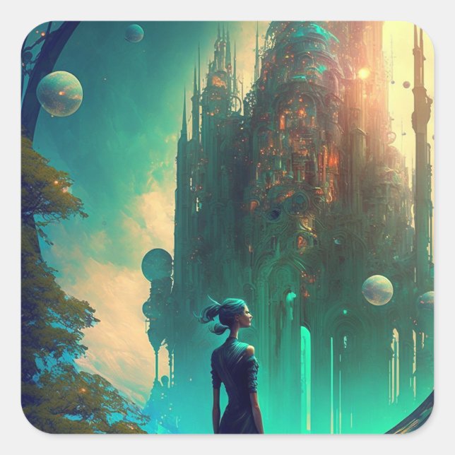 Fantasy Castle Landschaft Quadratischer Aufkleber (Vorderseite)